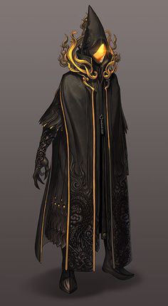 an image of a person wearing a black coat with gold trimmings and a hood