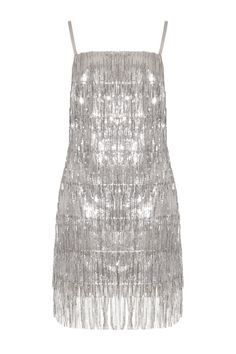 SILVI. Let it all go, see what stays.   Dazzle and enchant with our SILVI Silver Sequin Fringe Mini Cocktail Dress. This show-stopping garment takes the iconic cocktail dress to a whole new level, radiating elegance and glamour in every step you take. The SILVI Silver Cocktail Dress is designed to make you the center of attention. Adorned with mesmerizing silver sequins, it glistens with an ethereal quality that captures the light and infuses your look with a captivating brilliance. Composition: 100% polyester, 100% viscose lining.  Care: cold hand wash, cool iron only, dry cleanable. Silver Costume Ideas, Silver Dress Aesthetic, Silver Fringe Dress, Beyonce Costume, Concert Clothes, Festival Fits, Silver Mini Dress, Silver Cocktail Dress, Let It All Go