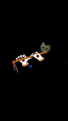 a colorful kite flying in the dark with a butterfly on it's back end