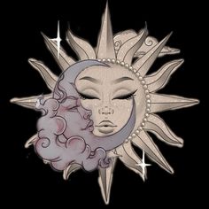 a drawing of a sun with a face on it's side and stars in the background