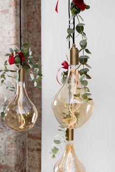 three light bulbs with flowers hanging from them