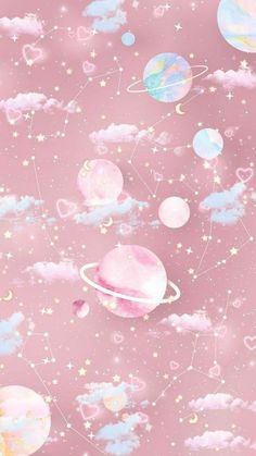 a pink background with planets and stars