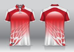 a red and white polo shirt with an abstract design on the chest, front and back views