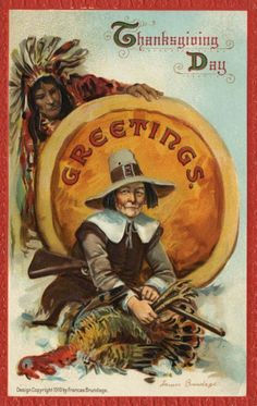 an old thanksgiving card with a woman holding a turkey