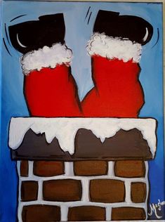 an acrylic painting of santa's boots on top of a chimney