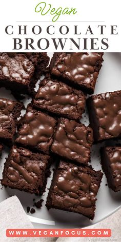 chocolate brownies on a white plate with text overlay that reads vegan chocolate brownies