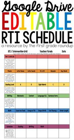 the google drive editable rtt schedule is shown in rainbow colors and black text