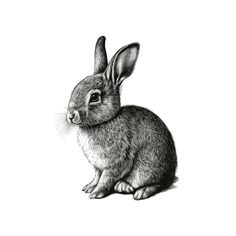 a black and white drawing of a rabbit sitting on the ground with its head turned to the side