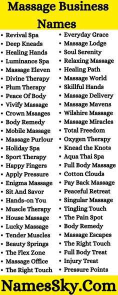 Massage Business Names Massage Spa Name Ideas, Massage Therapy Name Ideas, Massage Therapy Business Names, Massage Business Ideas, Massage Spa Design, Spa Names Ideas, Massage Business Names, Spa Names, Massage Room Ideas