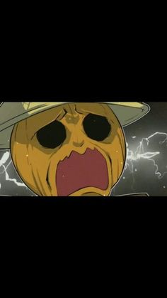 an animated pumpkin wearing a hat with lightning in the background