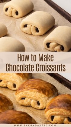 how to make chocolate croissants on a baking sheet with text overlay