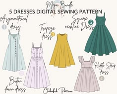 five dresses sewing patterns with the text 5 dresses digital sewing pattern for beginners