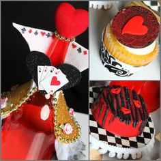 four different pictures of cupcakes decorated with hearts and playing cards