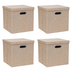 four beige storage boxes with lids and handles