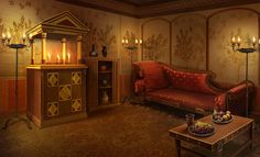 a living room filled with furniture next to a wallpaper covered in gold and red