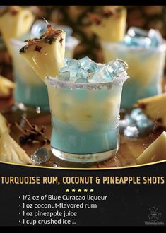 an advertisement for a blue curacal rum cocktail with pineapples on the rim