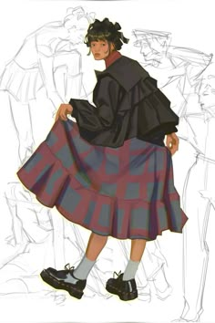 a drawing of a woman in a skirt