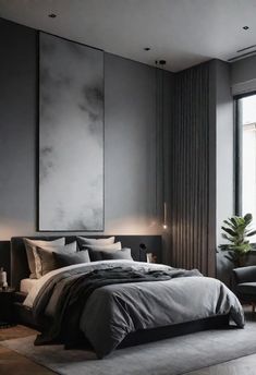 a large bed sitting next to a window in a room with gray walls and furniture