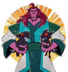 an animation character holding two small dogs in his hands and wearing a kimono, with the sun shining behind him