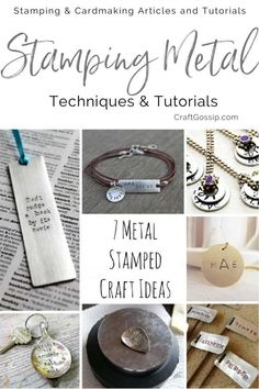 the cover of stamping metal techniques and crafts book with images of charms, tags, and