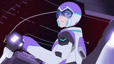 the animated character is riding in a space station with his arm outstretched and looking at something