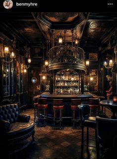 a dimly lit bar with leather chairs and chandelier