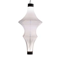 a white and black light hanging from a ceiling fixture with an attached cord to it