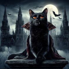 a black cat sitting on top of a table in front of a castle with bats