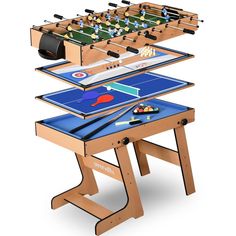 three tables with foosball and table tenniss on them are shown in this image