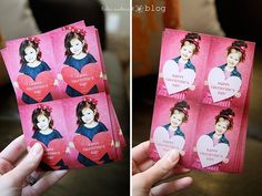 two pictures of a woman holding up valentine's day cards