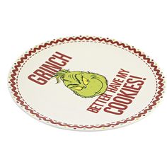 This Cookie Platter Is Both Festive And Fun, Displaying A Grumpy Grinch Decal With A Playful Pun On Words. His Big Green Face Decorates The Center With Red Rick Rack And Polka Dots Highlighting The Rim Of The Platter.. 11.5 In H X 0.75 In W X 11.5 In D. Purchase includes One Platter. Cookies Platter, Dr Seuss Christmas, Cookie Platter, Diy Holiday Decor, Rick Rack, Back To School Supplies, Dr Seuss, Gift Coupons, Grinch