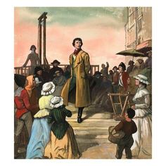 a painting of a man in a trench coat standing on steps with people around him