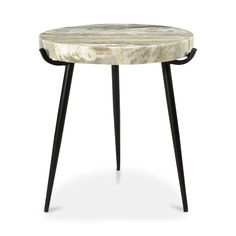 a small table with black legs and a white marble slab on the top, against a white background