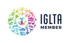 the iglta member logo is shown with colorful images and symbols around it,