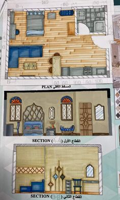 the floor plan for a dollhouse is shown in three different sections, each with its own kitchen and living room