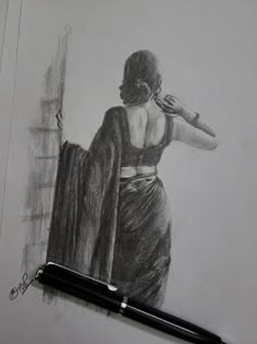 Indian women Women In Saree Drawings, Indian Woman In Saree Pencil Sketch, Woman In Saree Sketch, Drawing Of Indian Women, Sketch Of Indian Women, Saree Women Drawing, Saree Drawing Sketches Pencil, Woman In Saree Painting, Girl In Saree Drawings