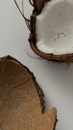 two pieces of coconut sitting next to each other on top of a white countertop