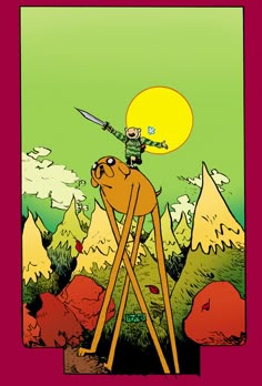 an image of a cartoon character on top of a camel with mountains in the background