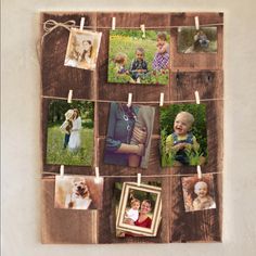 a wooden frame with pictures hanging on clothes pins and photos pinned to the pegs