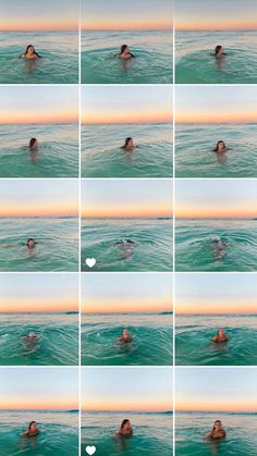 multiple shots of people swimming in the ocean together, with one person holding a heart shaped object