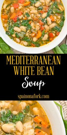 white bean soup with spinach and carrots in a bowl