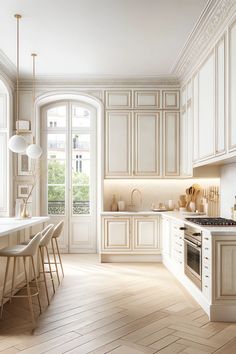 a large kitchen with white cabinets and wood flooring on the walls is pictured in this image