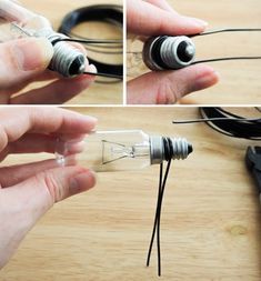 four images show how to make an electric light bulb with wires and glue on it