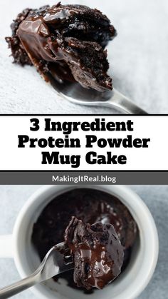 three ingredient protein powdered mug cake with chocolate frosting in a white bowl and on a spoon