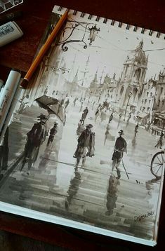 a drawing of people walking in the rain with umbrellas