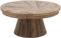 a round wooden table sitting on top of a white floor