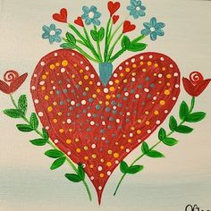 a painting of a heart with flowers on it