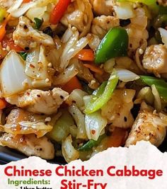 chinese chicken cabbage stir fry in a black bowl