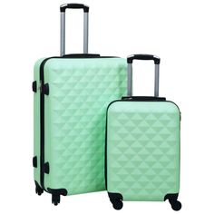 two pieces of green luggage on wheels and one piece has black handles, the other is light green