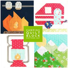 four different quilt blocks with the words camping quilt block written on them